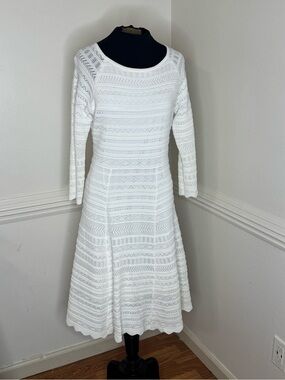 ANTONIO MELANI White Long Sleeve Textured Fit-and-Flare Dress